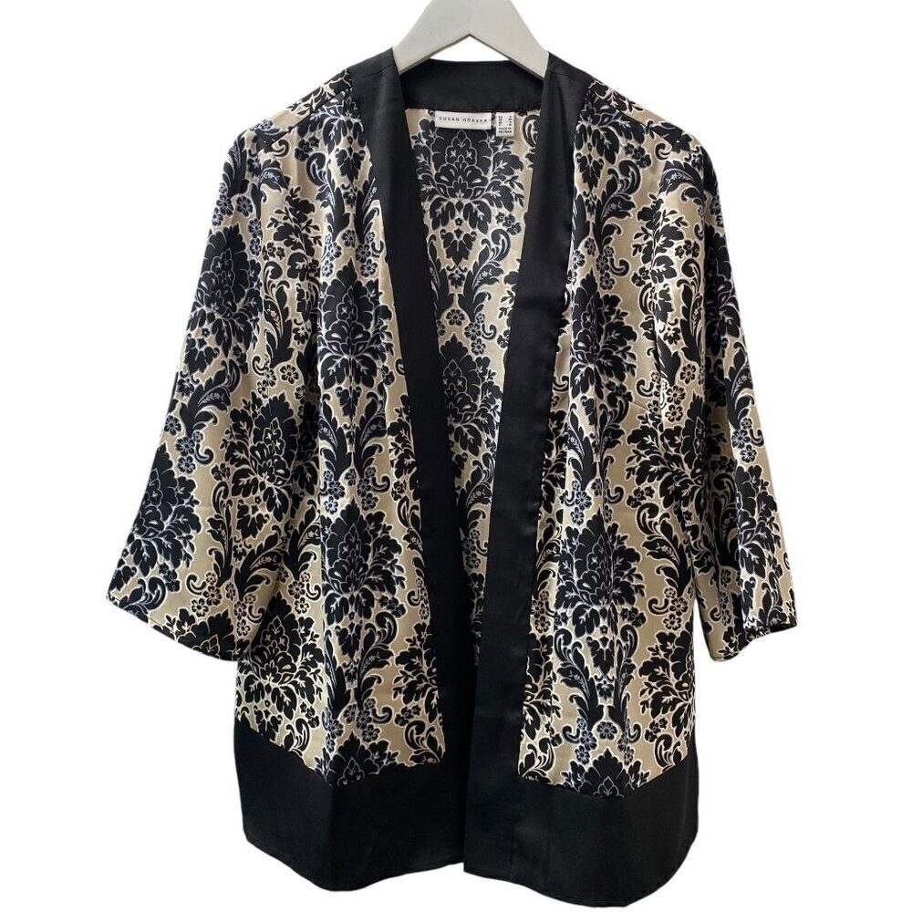 SUSAN GRAVER Jacket Size Small Black Beige Scroll Print Kimono Open Front Blouse
